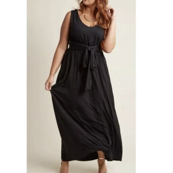 ModCloth Maxi Dress Jersey Knit Stretchy Tie Waist Solid Black Sleeveless Small - Picture 2 of 9